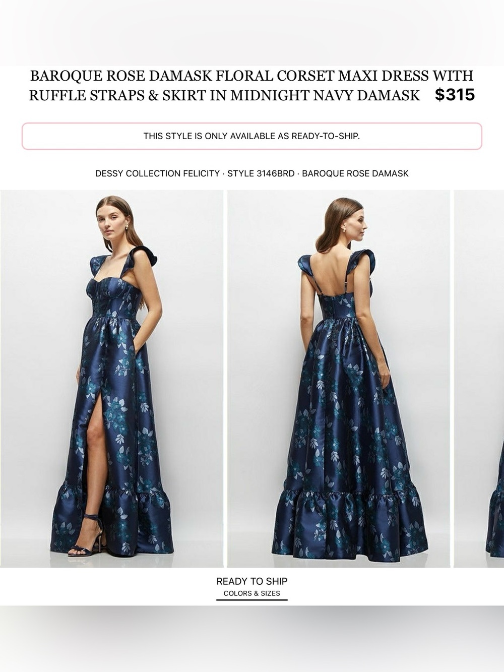 Dessy Collection Midnight Navy Floral Corset Ruffle-Strap Maxi Dress